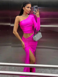 Dulzura Long Sleeve One Shoulder Maxi Dress Cut Out Ruched Slit Bodycon Sexy Prom Party Elegant Evening Y2K Clothes Birthday