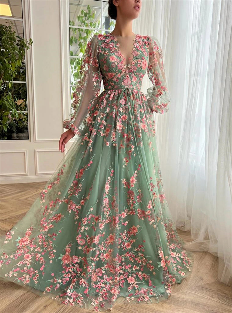 Bride Dresses for Prom Green Female Dress Party Evening Elegant Luxury Celebrity Flowers Coming of Age Ceremony customized Gala