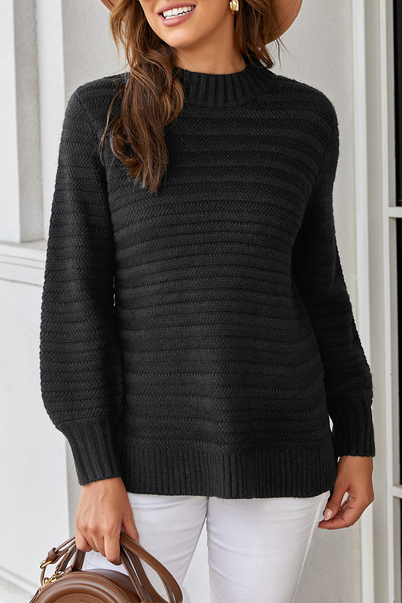 Black Solid Color Stand Collar Textured Sweater