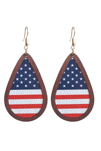 Blue Wood Frame Leather Flag Earrings