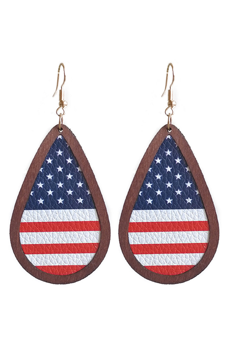 Blue Wood Frame Leather Flag Earrings