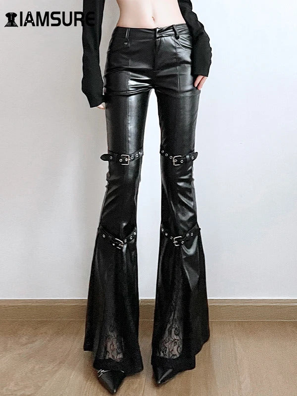 IAMSURE Sexy Patchwork Pu Leather Flare Pants Casual Slim Low-Waisted Pants Women 2024 Autumn Winter Fashion Streetwear Ladies