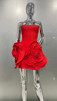 2024 Stereoscopic Flowers Strapless Red Bandage Mini Evening Dress Fashion Woman Birthday Party Dress Celebrity Party Outfit