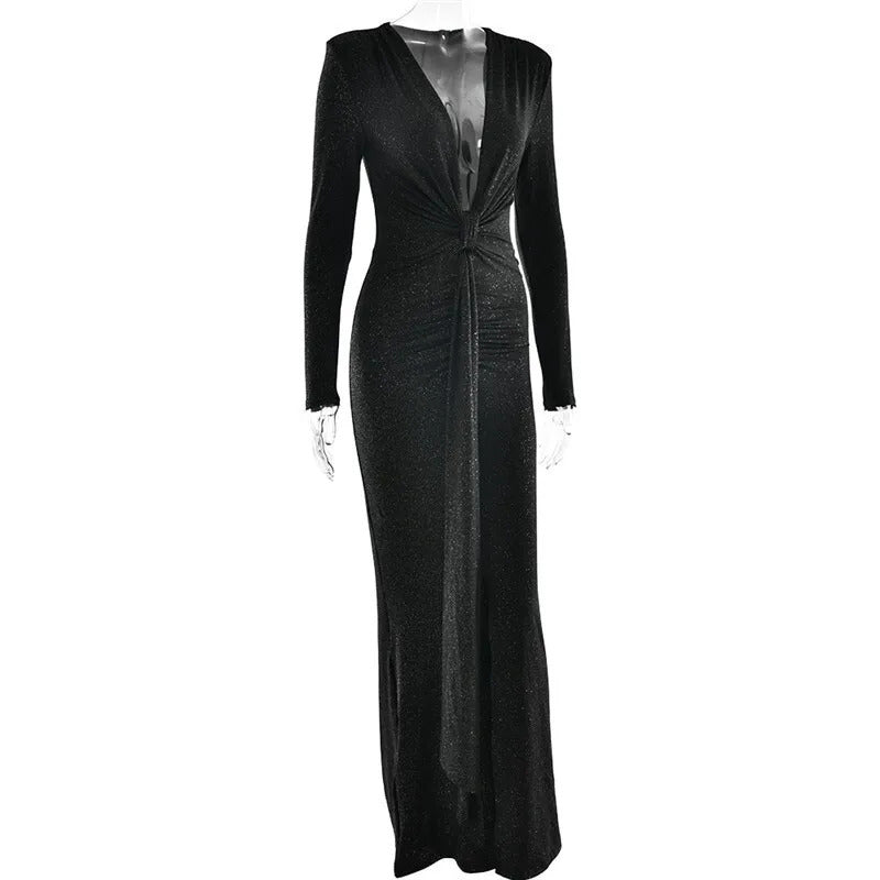 Mozision Glitter Deep V Neck Sexy Maxi Dress For Women Elegant Sparkle Long Sleeve Ruched Bodycon Split Club Party Sexy Dress