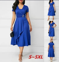 Summer Dresses Elegant Women Solid Color Short Sleeve V Neck Asymmetric Hem Waist Tight Midi Party Dress Ladies Evening Vestidos