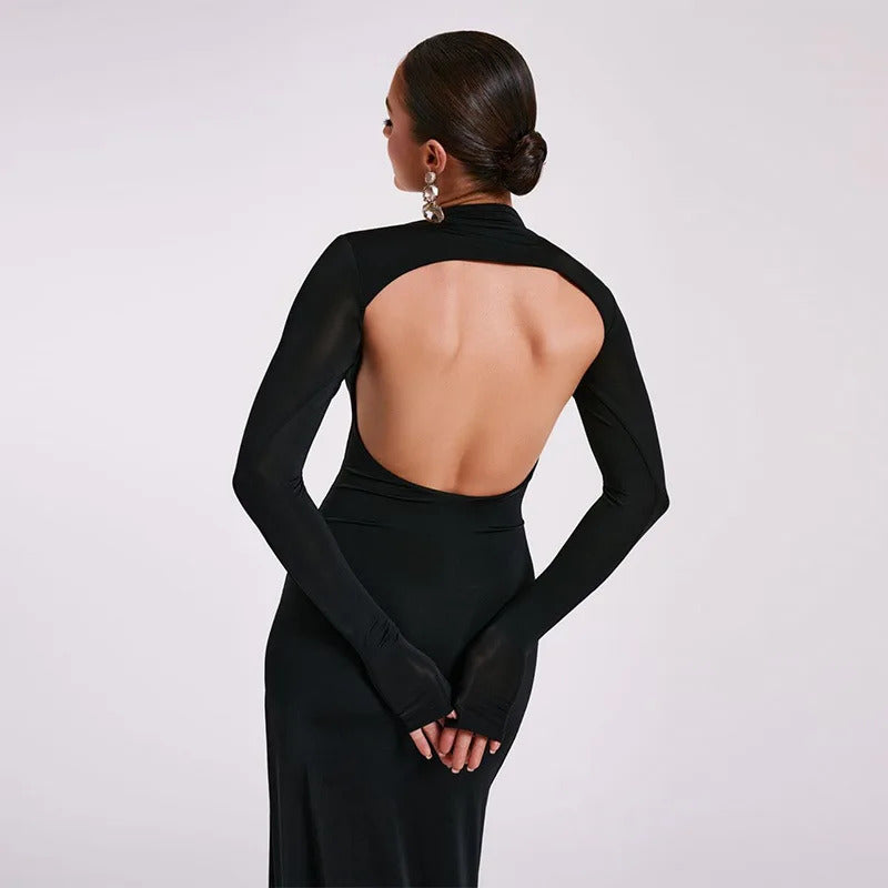 Tossy Black Backless Slim Long Dress For Women High Split Fashion Long Sleeve Patchwork Party Dress Ladies Elegant Maxi Dress