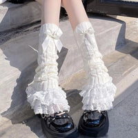 Japanese Women Knitted Leg Warmer Bow Tiered Ruffled Socks Girl Lace Lolita Socks Calf T-shaped Lace Leg Horn Warmers Women P1J5