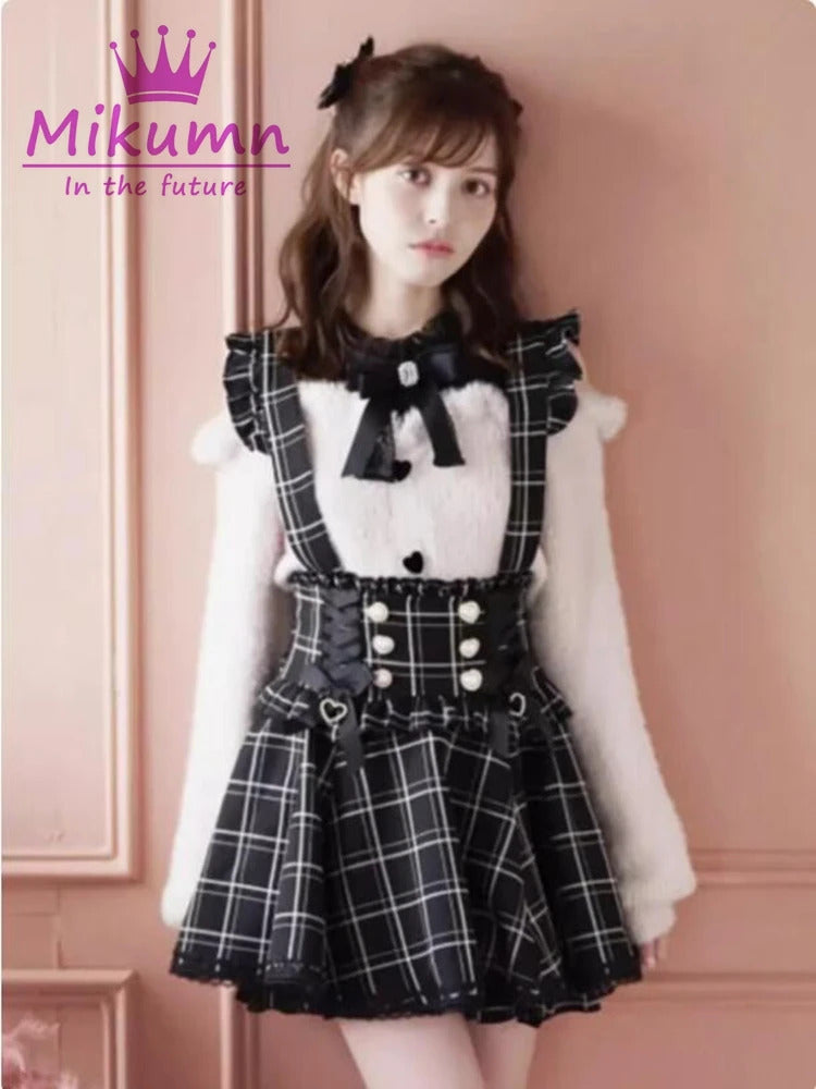 Mikumn Gothic Lolita Retro Bow Pearl Buckle Ruffles Suspender Skirts Y2k Japanese Girls Sweet Kawaii Lace A-Line Mini Skirts