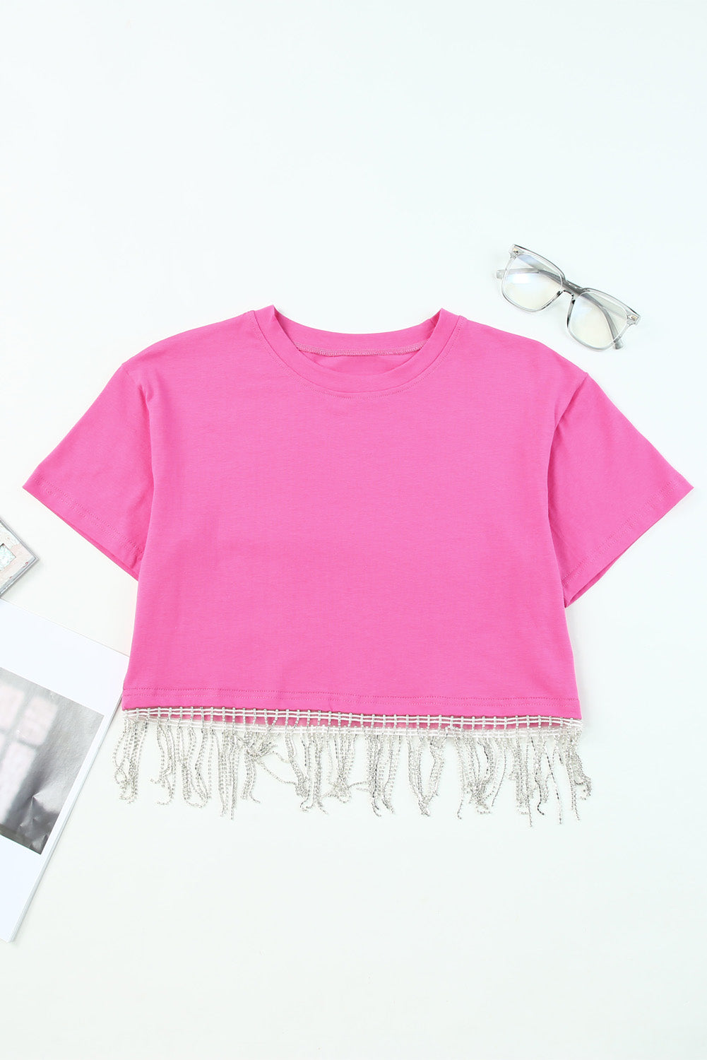 Pink Rhinestone Fringe Short Sleeve Crop Top