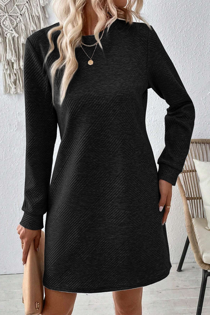 Apricot Solid Color Textured Long Sleeve Shift Dress