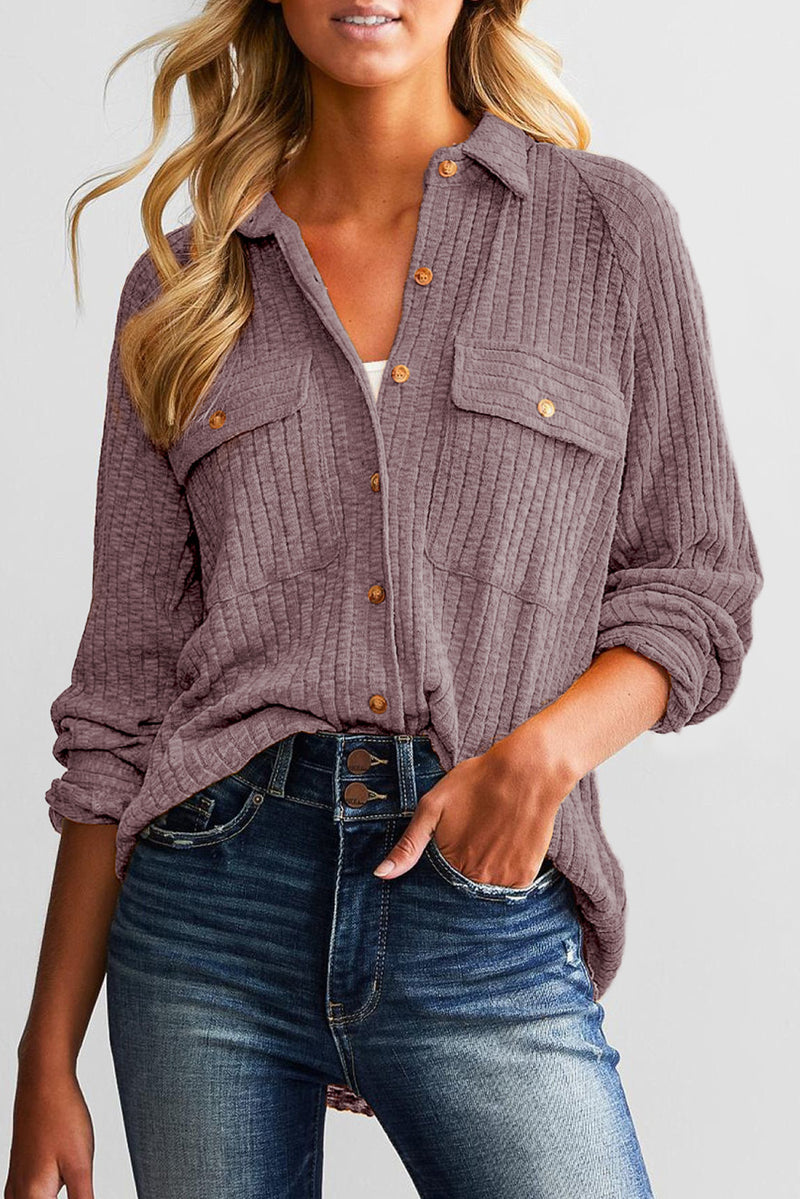 Purple Button Flap Pocket Ribbed Knit Shacket