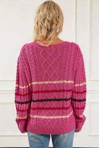 Rose Striped Color Block Textured Knit Pullover Sweater