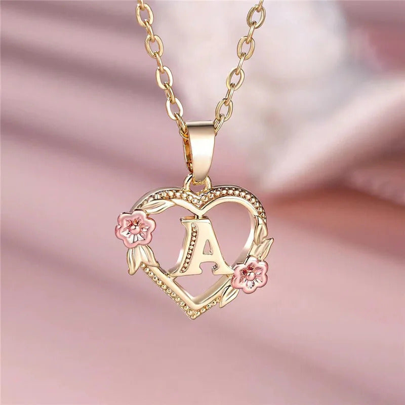 Female A-Z Letter Flower Pendant Necklace Yellow Gold Color Wedding Jewelry Gift For Women