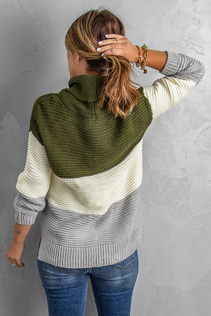 Green Turtleneck Color Block Pullover Sweater