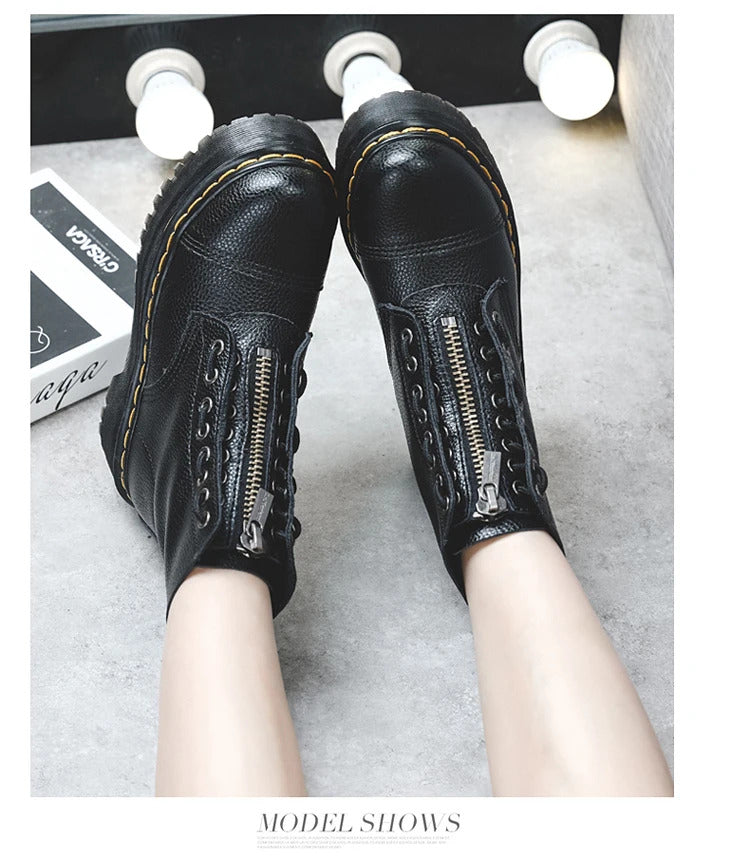 Women Boots Genuine Leather Platform Boots Motorcycle Shoes Front Zipper Optical Soles Fashion Sexy Punk Men Winter Boots 35-46