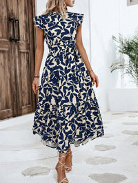 Elegant Women's Flower Midi Dress New Summer Fashion Stand Collar Flying Sleevel Lace Up Dress Casual Beach Holiday Dresses Robe