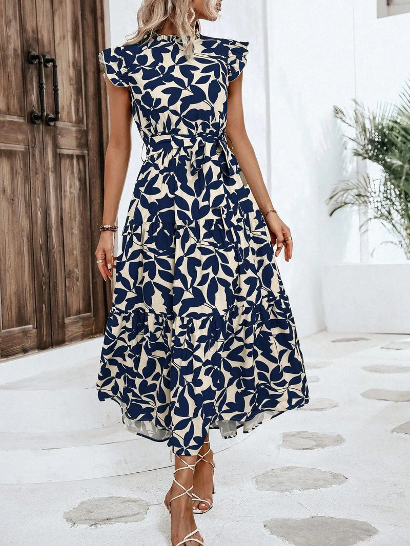 Elegant Women's Flower Midi Dress New Summer Fashion Stand Collar Flying Sleevel Lace Up Dress Casual Beach Holiday Dresses Robe