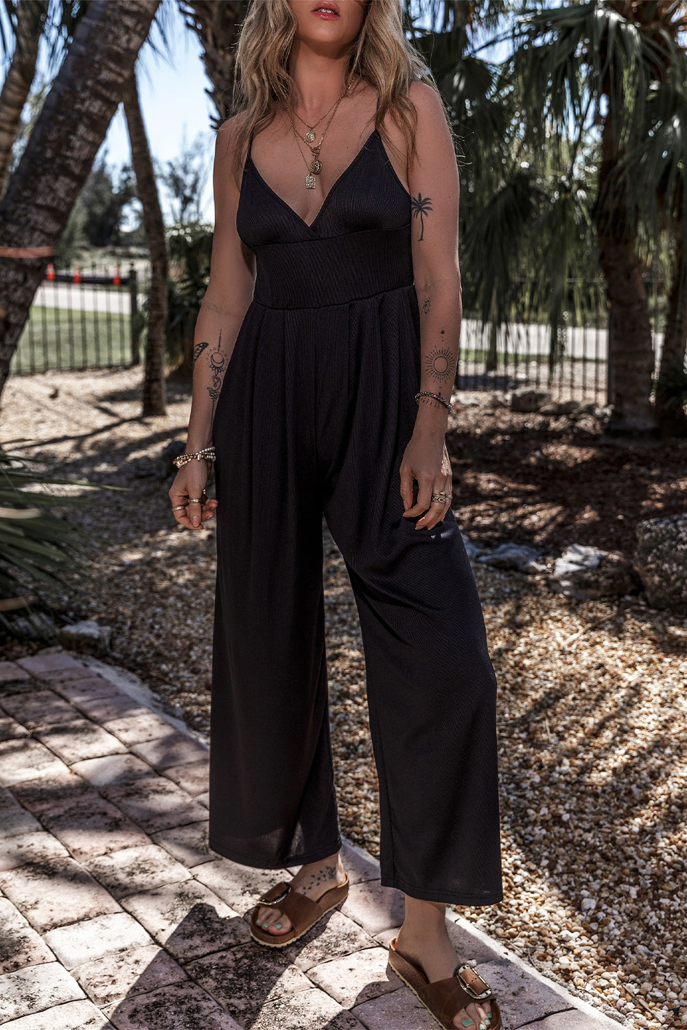 Black Wide Leg High Waist Sexy V Neck Cami Jumpsuit