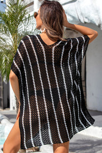 Black Striped Crochet Loose Fit V Neck Beach Cover Up