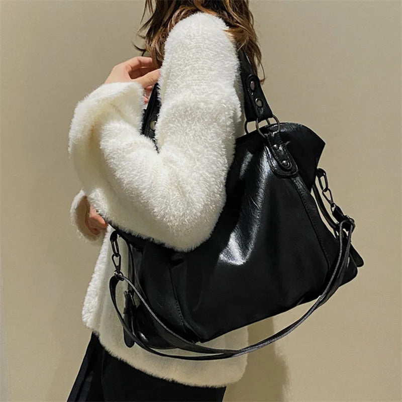 Large Capacity Black Shoulder Bags For Women Large Shopper Bag Solid Color Soft Leather Crossbody Handbag Lady Travel Tote Bag