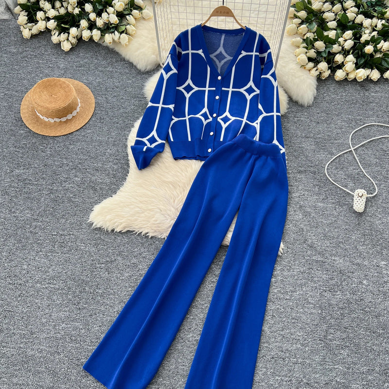 SINGREINY Basics Print Knit Two Pieces Sets Autumn Winter Single Breasted Cardigan+Wide Leg Long Pants Fashion Streetwear Suits