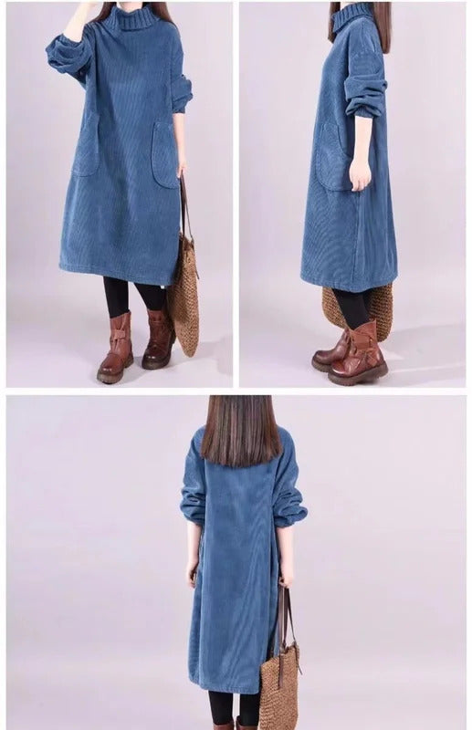 Women Autumn Winter Dress New Retro Corduroy Vestidos Add  Velvet High Neck Dress Mid-Length Loose Pullover Sweater Female 2022