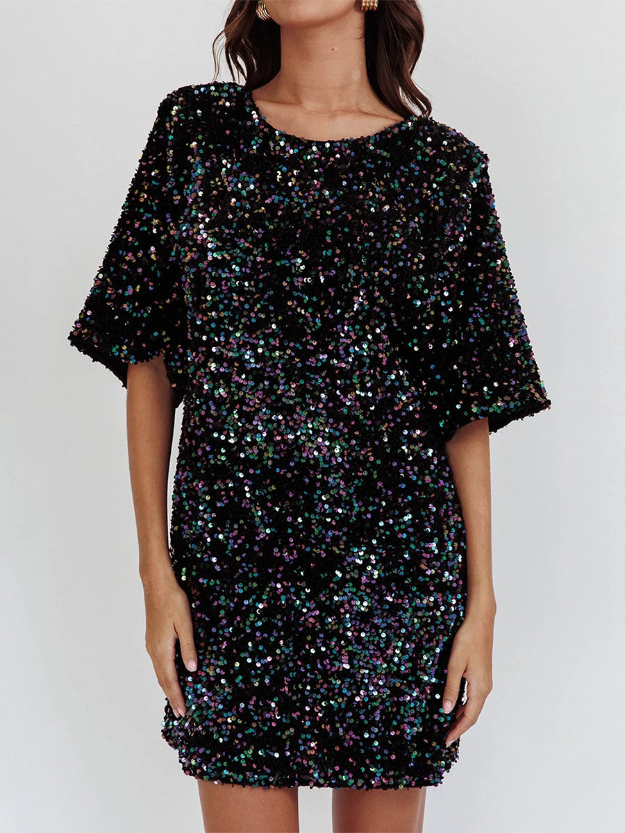 Women s Sequin Dress Casual Loose Sparkly Round Neck Short Sleeve Open Back Tie-Up Mini T-Shirt Dress for Party Club