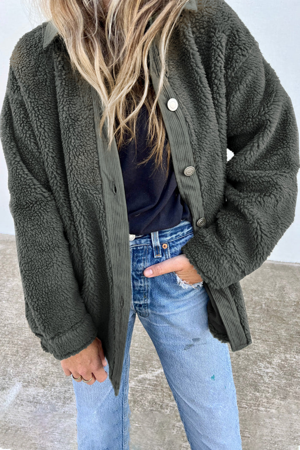 Gray Corduroy Trim Elbow Patch Sherpa Jacket