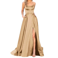 Solid Fit And Flare Women Prom Dresses Ladies Long Lady Elegant Backless Long Dresses Side Slit Wedding Evening Party Dress