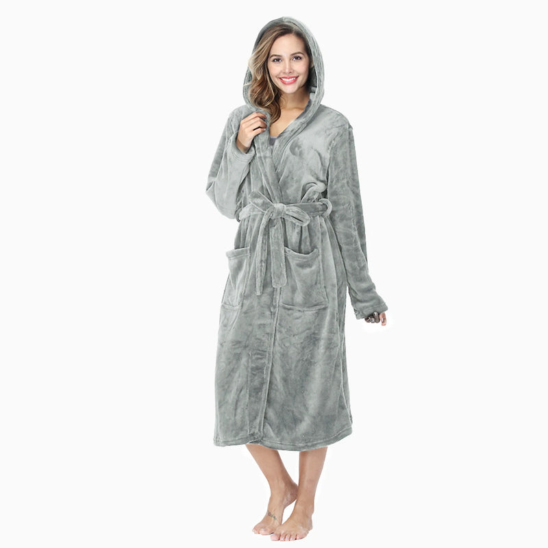 RONGTAI Womens Solid color Hooded Bathrobe Ladies Fleece Plush Warm Long Robes Fleece Nightgown Sleepwear