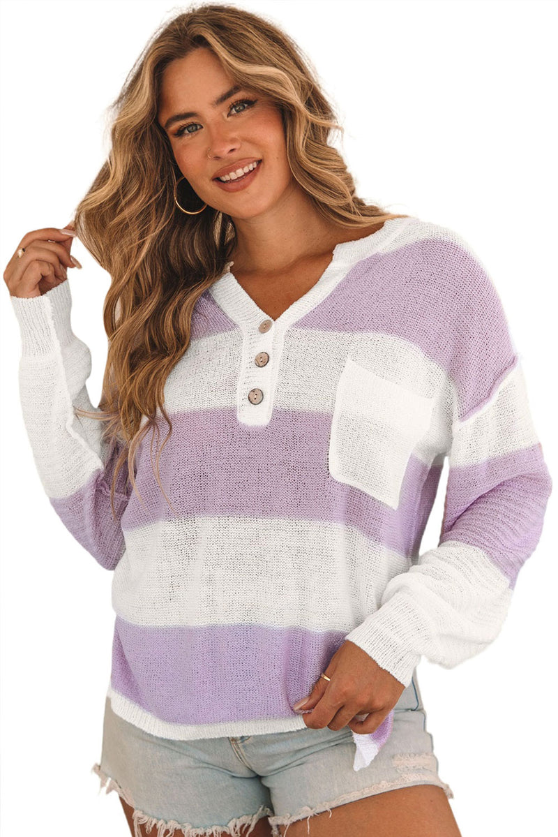 Pink Striped Knit Button Ribbed Split Neck Sweater