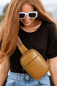 Brown Minimalist Zipped Square PU Crossbody Bag