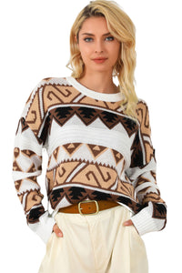 Multicolor Geometric Print Crew Neck Drop Shoulder Sweater