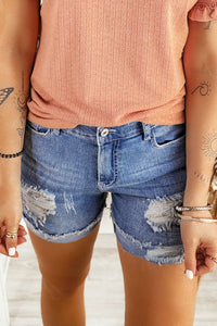 Blank Apparel - Distressed Ripped Rolled Hem Blue Denim Shorts