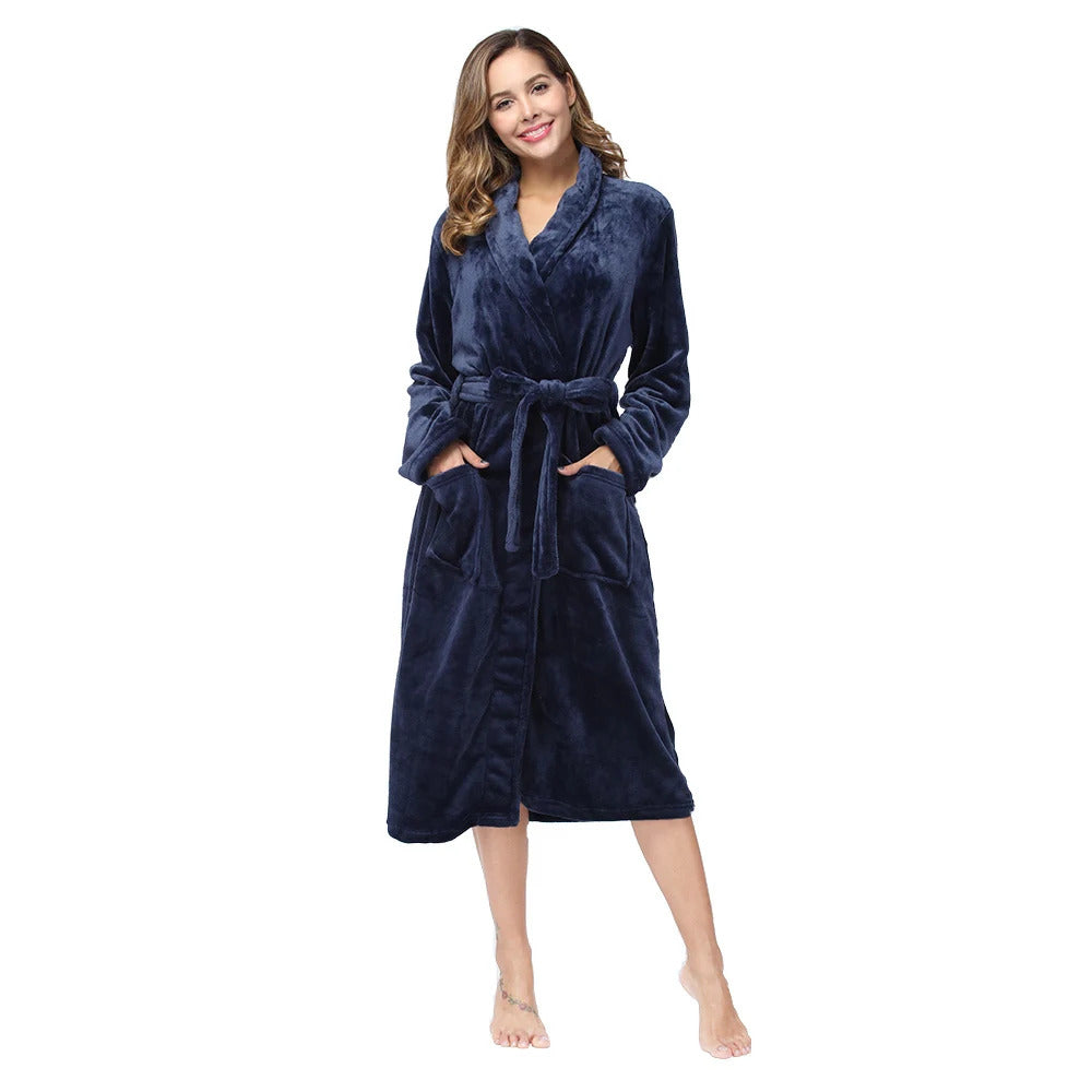 RONGTAI Women's solid color lapel bathrobe autumn and winter models facecloth warm and comfortable long-sleeved robe homewear