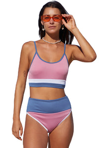 Apricot Spaghetti Straps Colorblock Ribbed High waisted swimsuits