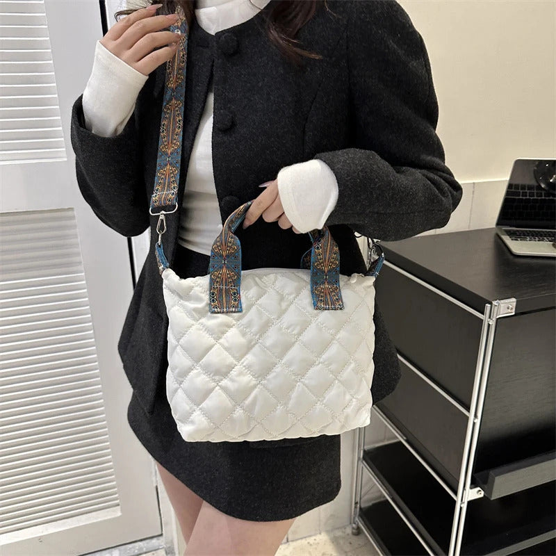 Women Wide Shoulder Belt Handbag Fall/Winter Rhombus Space Cotton Shoulder Bag Large Capacity All-Match Shopping Tote Bag