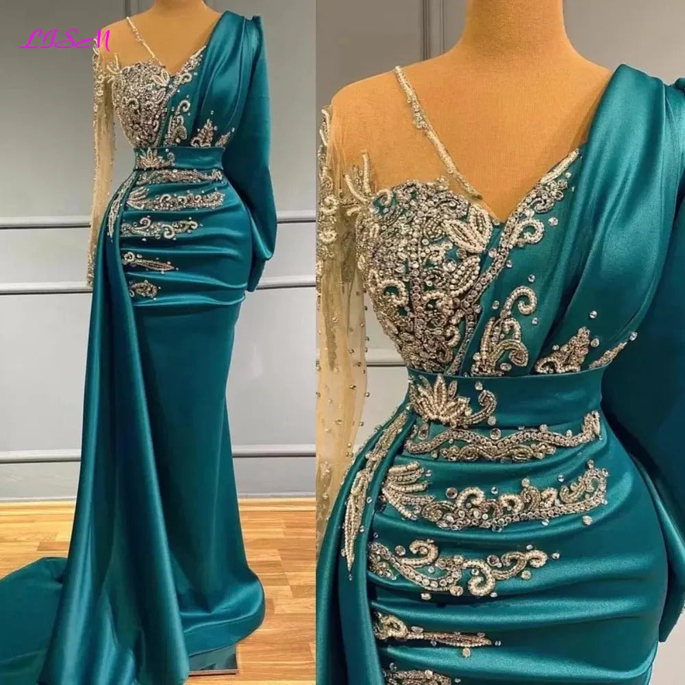 Luxury Long Sleeve Mermaid Evening Dresses Sparkly Crystals Elegant Satin Dubai Women Formal Party Evening Gowns Sheer Neck