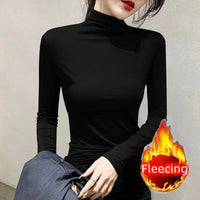 Plus Size Basic All-Match Women T-Shirt High Neck Casual Slim Fit Fleece Warm Autumn Winter Office Lady's Top Elegant Fashion