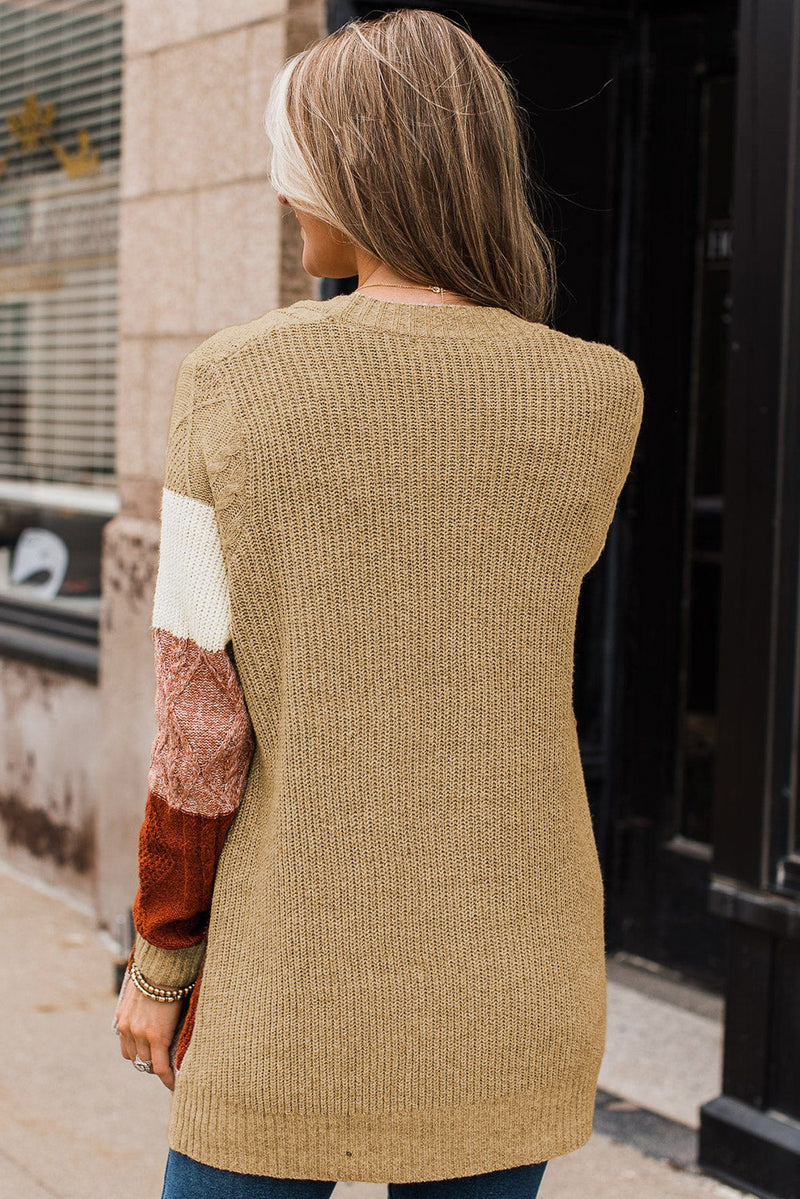 Khaki Color Block Long Sleeve Open Front Cardigan Sweater