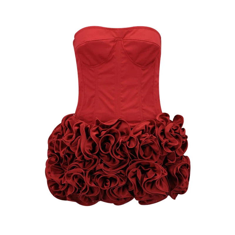 Sexy 3D Flowers Dress Suits Women Red Fishbone Bandage Adjustable Tube Top Flower Mini Skirt Suit Party Club Lady Outfits 2024