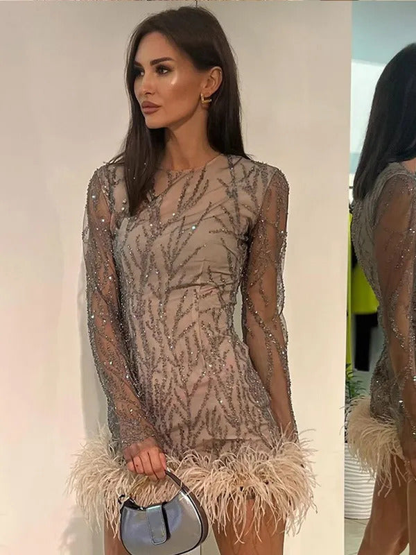 2024 New Feather Sequins Partywear Mini Dresses Women Elegant Mesh Sheer Sequined Long Sleeve Dress Lady Club Evening Vestidos