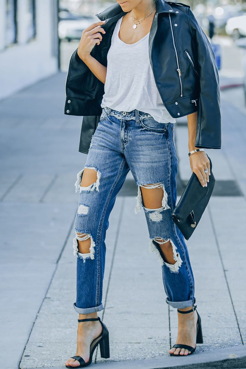 Sky Blue Cut Out Straight Leg Distressed Boyfriend Jeans