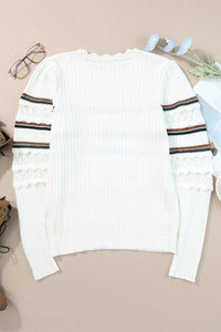 White Striped Ribbed Scalloped Detail Knit Sweater