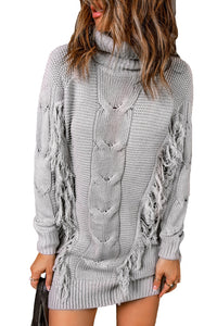 Gray Twist Fringe Casual High Neck Sweater Dress