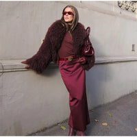 Retro Burgundy Tassels  Faux Fur Long Sleeves Short Coat Elegant Loose Turn-down Collar Jacket 2024 New Woman High Street Coats