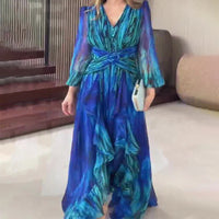 2024 Elegant V-Nek Long Sleeve Dress French Retro Pleat Graphic Chiffon Maxi Dress Women Chic Cross Waisted Party Evening Dress