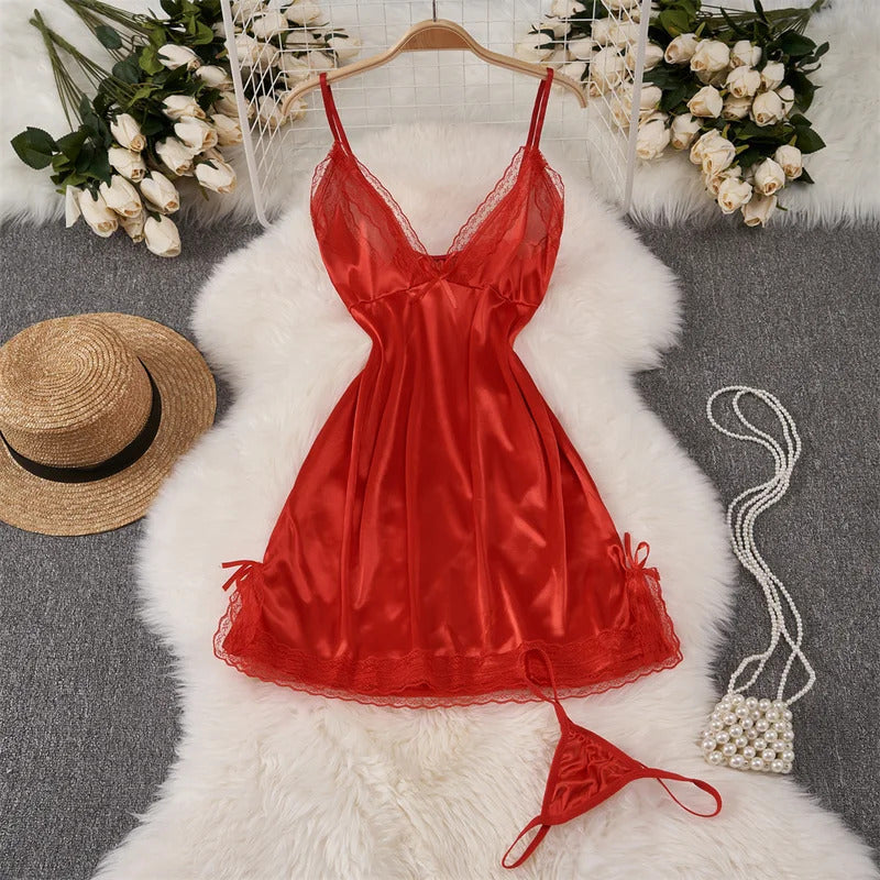 Deep V-neck Slim Fit High Waist Strap Dress Lace Patchwork Satin Sleepwear Sexy Elegant Retro Sleepdress Sleepwear Women Pajama