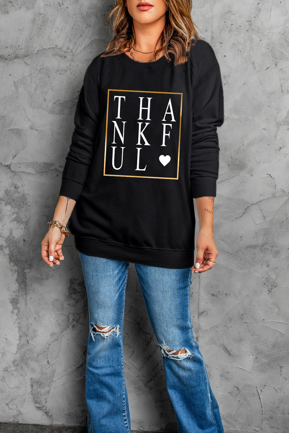 Black THANKFUL Heart Print Long Sleeve Sweatshirt