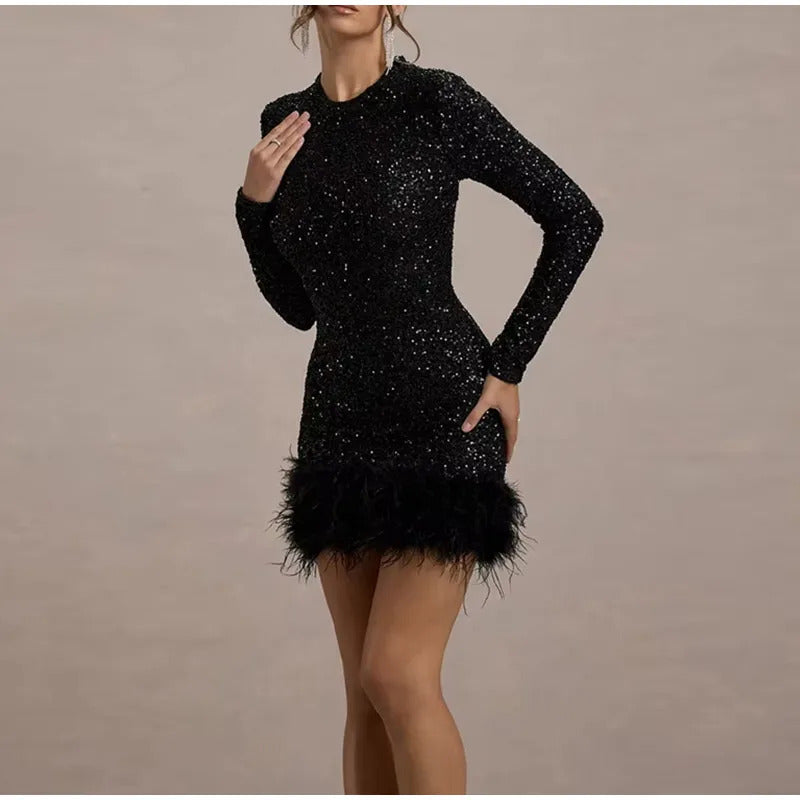 Elegant Sequins Feather Patchwork Dress Christmas Slim O-neck Long Sleeve Short Party Dresses 2024 Lady Shiny High Waist Robes